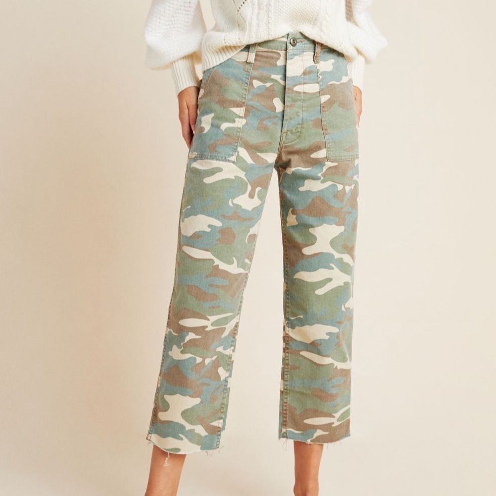MOTHER Camo High-Rise Cropped Wide-Leg Pants in Green & Beige